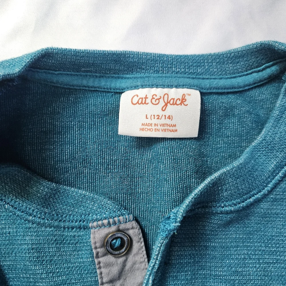 Cat & Jack Kids' Long-Sleeve Teal Waffle-Knit Henley Shirt- Large 12/14